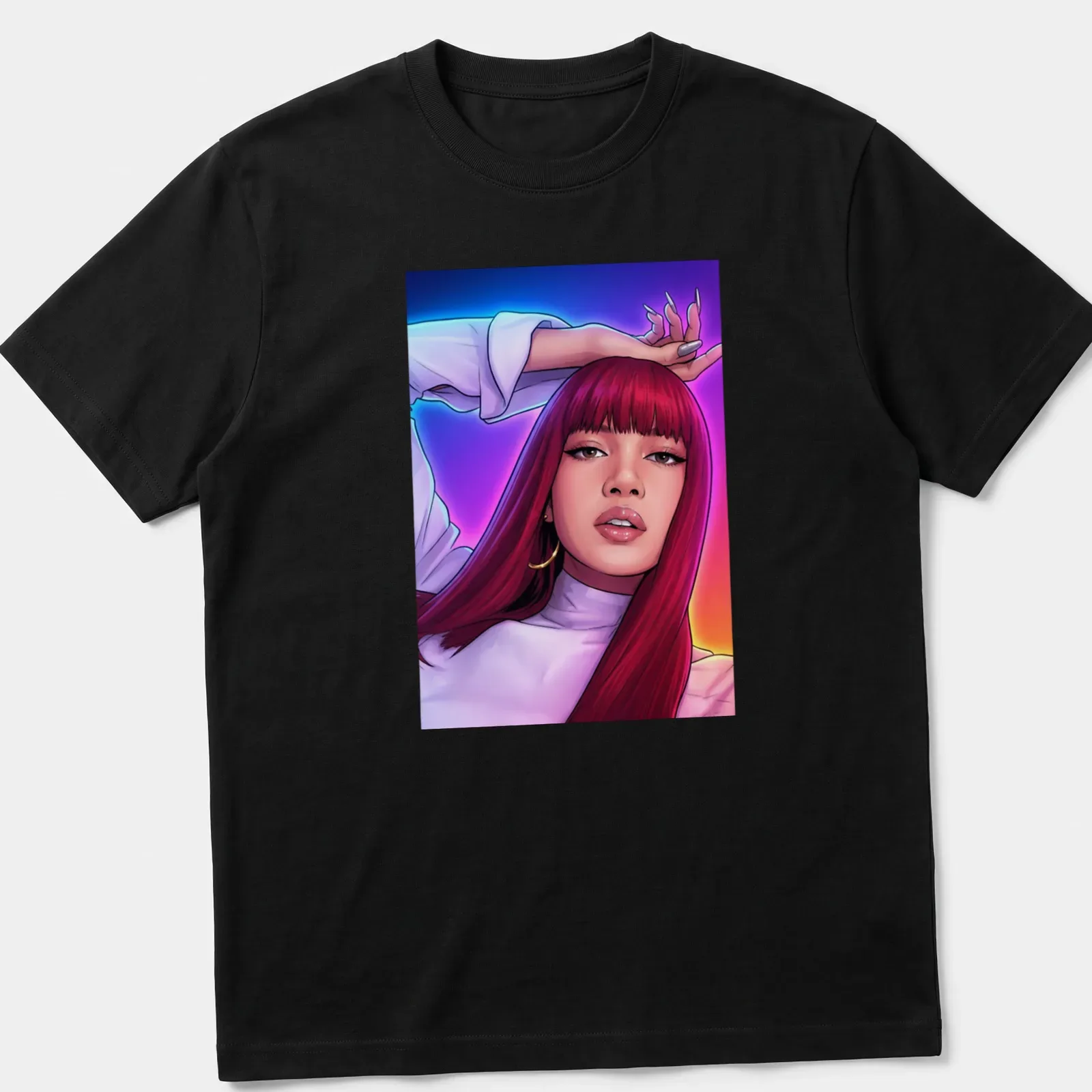 Comic book illustration of a glamorous red-haired woman in vibrant colors — printed on a unisex t-shirt