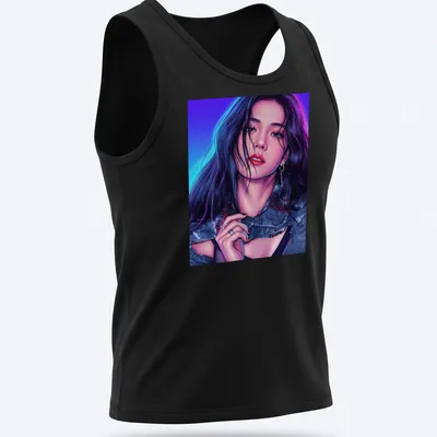 Comic book style illustration of a woman with red lips in vibrant colors — printed on a tank top