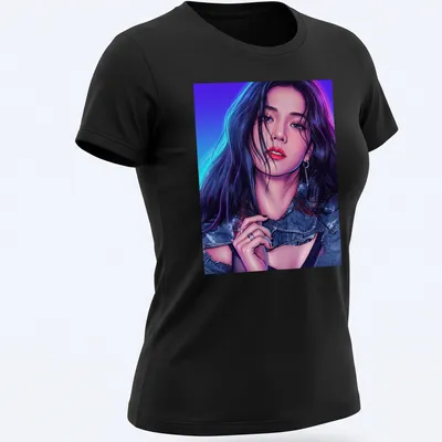 Comic book style illustration of a woman with red lips in vibrant colors — printed on a women's shirt