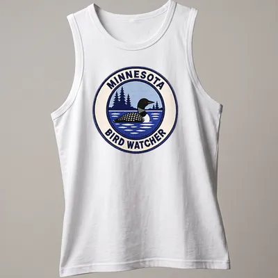 Vintage patch art featuring a Common Loon with the text Minnesota Bird Watcher — printed on a tank top