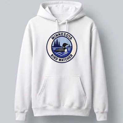 Vintage patch art featuring a Common Loon with the text Minnesota Bird Watcher — printed on a unisex hoodie