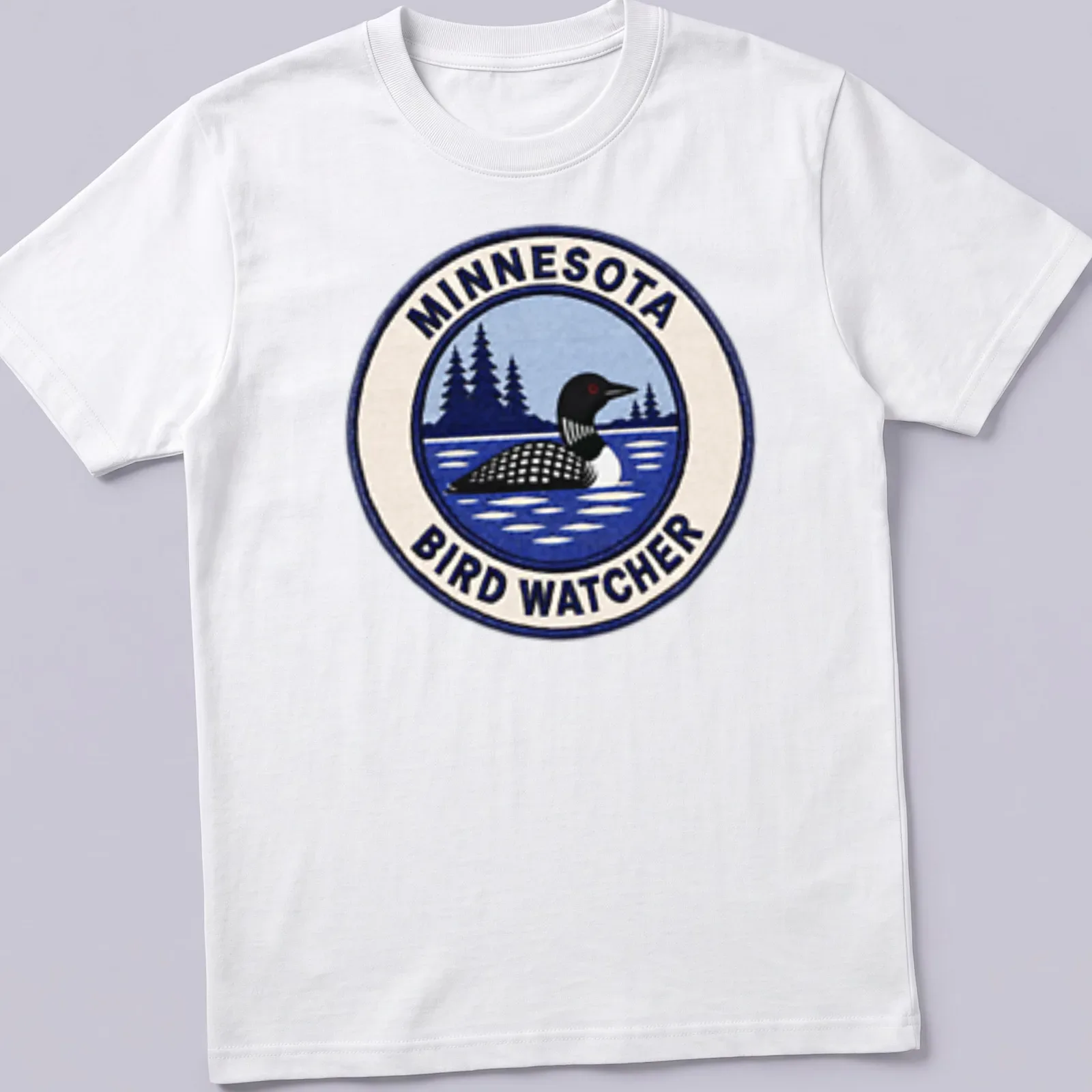 Vintage patch art featuring a Common Loon with the text Minnesota Bird Watcher — printed on a unisex t-shirt