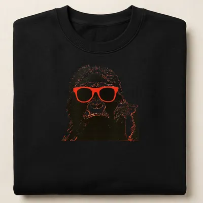 Vintage design of a chimpanzee in red sunglasses against a black and white background. — printed on a unisex sweatshirt