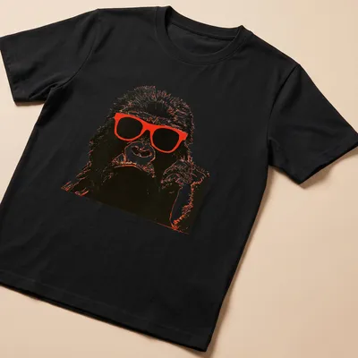 Vintage design of a chimpanzee in red sunglasses against a black and white background.
