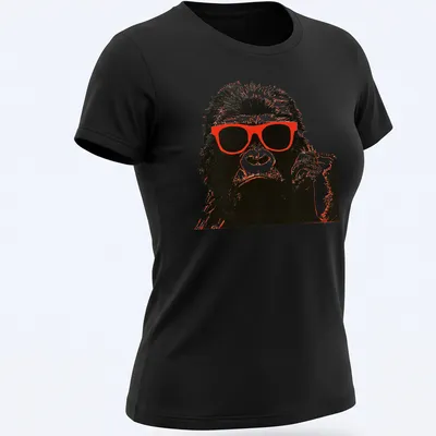 Vintage design of a chimpanzee in red sunglasses against a black and white background. — printed on a women's shirt