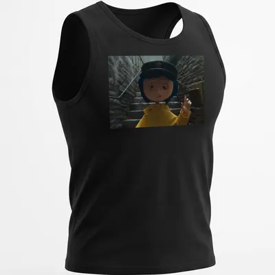 Coraline in a yellow raincoat surrounded by a whimsical background in 3D animation style — printed on a tank top