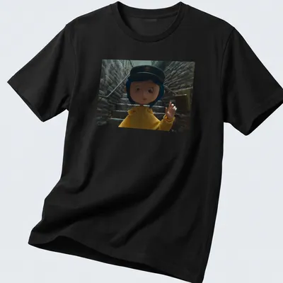 Coraline in a yellow raincoat surrounded by a whimsical background in 3D animation style — printed on a unisex t-shirt