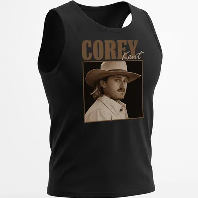 Vintage sepia portrait of Corey Kent's cowboy hat with printed text — printed on a tank top