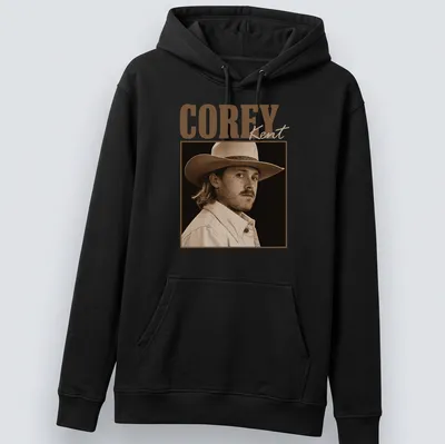Vintage sepia portrait of Corey Kent's cowboy hat with printed text — printed on a unisex hoodie