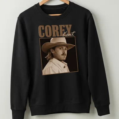 Vintage sepia portrait of Corey Kent's cowboy hat with printed text — printed on a unisex sweatshirt
