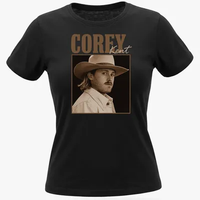 Vintage sepia portrait of Corey Kent's cowboy hat with printed text — printed on a women's shirt