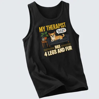 Illustrative design of a Corgi dog with the quote about therapy written above. — printed on a tank top