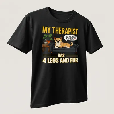 Illustrative design of a Corgi dog with the quote about therapy written above. — printed on a unisex t-shirt (angled view)
