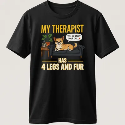Illustrative design of a Corgi dog with the quote about therapy written above.