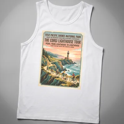 Vintage travel poster design featuring a coastal corgi and lighthouse theme. — printed on a tank top