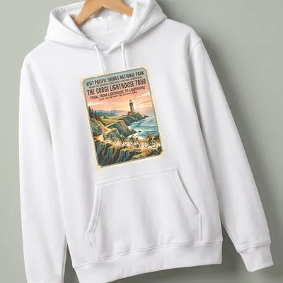 Vintage travel poster design featuring a coastal corgi and lighthouse theme. — printed on a unisex hoodie
