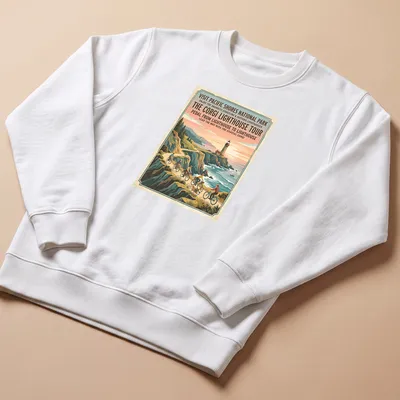 Vintage travel poster design featuring a coastal corgi and lighthouse theme. — printed on a unisex sweatshirt