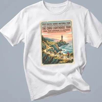 Vintage travel poster design featuring a coastal corgi and lighthouse theme.