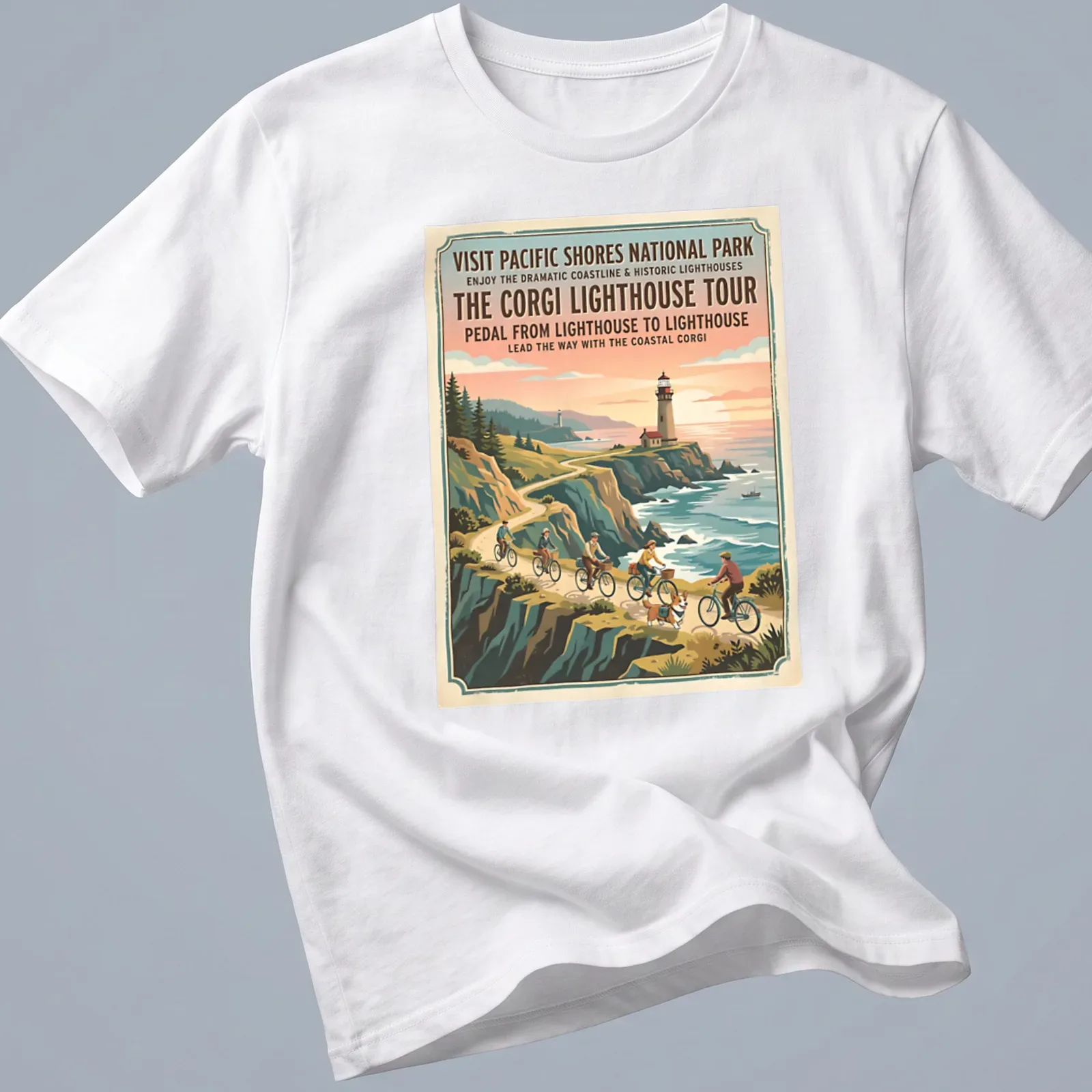 Vintage travel poster design featuring a coastal corgi and lighthouse theme. — printed on a unisex t-shirt