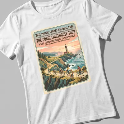 Vintage travel poster design featuring a coastal corgi and lighthouse theme. — printed on a women's shirt