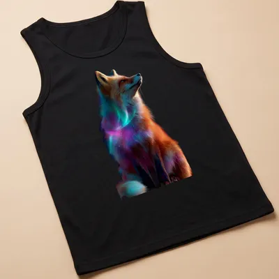 Realistic cosmic print of a red fox surrounded by aurora colors — printed on a tank top