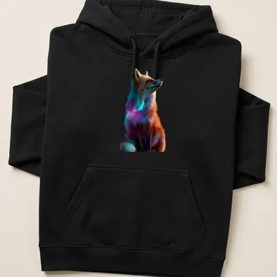 Realistic cosmic print of a red fox surrounded by aurora colors — printed on a unisex hoodie