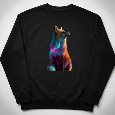 Realistic cosmic print of a red fox surrounded by aurora colors — printed on a unisex sweatshirt