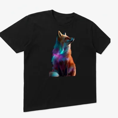 Realistic cosmic print of a red fox surrounded by aurora colors — printed on a unisex t-shirt (angled view)