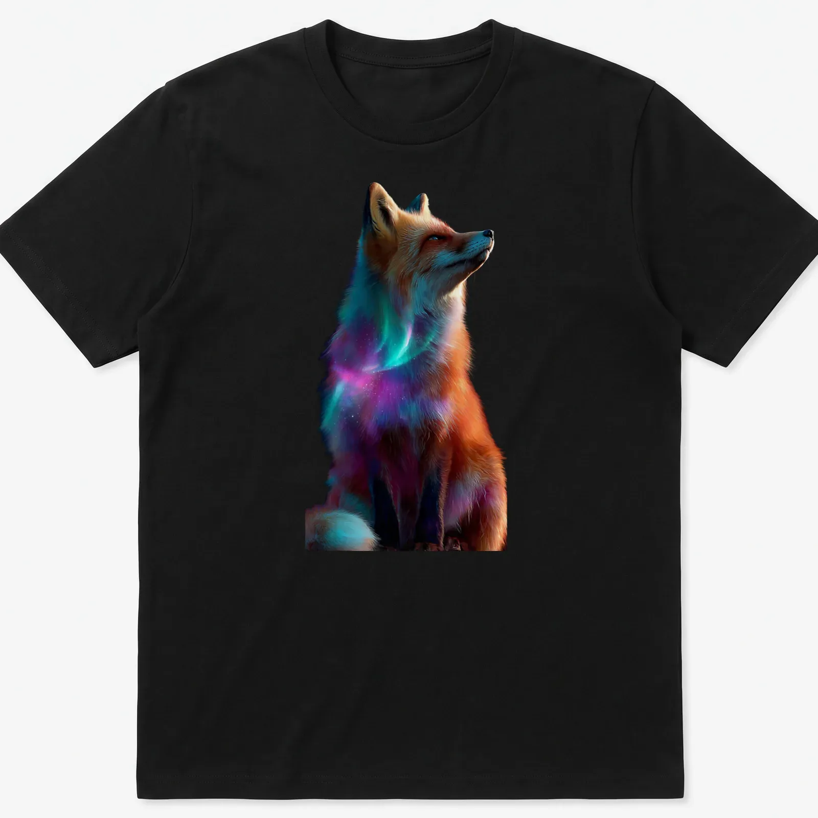 Realistic cosmic print of a red fox surrounded by aurora colors — printed on a unisex t-shirt