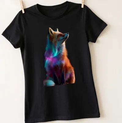 Realistic cosmic print of a red fox surrounded by aurora colors — printed on a women's shirt