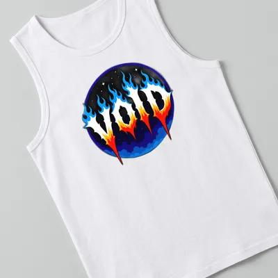 Gothic VOID text on a cosmic flame background in blue, orange, black, and white — printed on a tank top