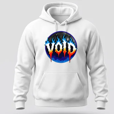 Gothic VOID text on a cosmic flame background in blue, orange, black, and white — printed on a unisex hoodie