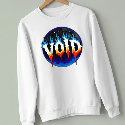 Gothic VOID text on a cosmic flame background in blue, orange, black, and white — printed on a unisex sweatshirt