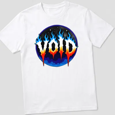 Gothic VOID text on a cosmic flame background in blue, orange, black, and white
