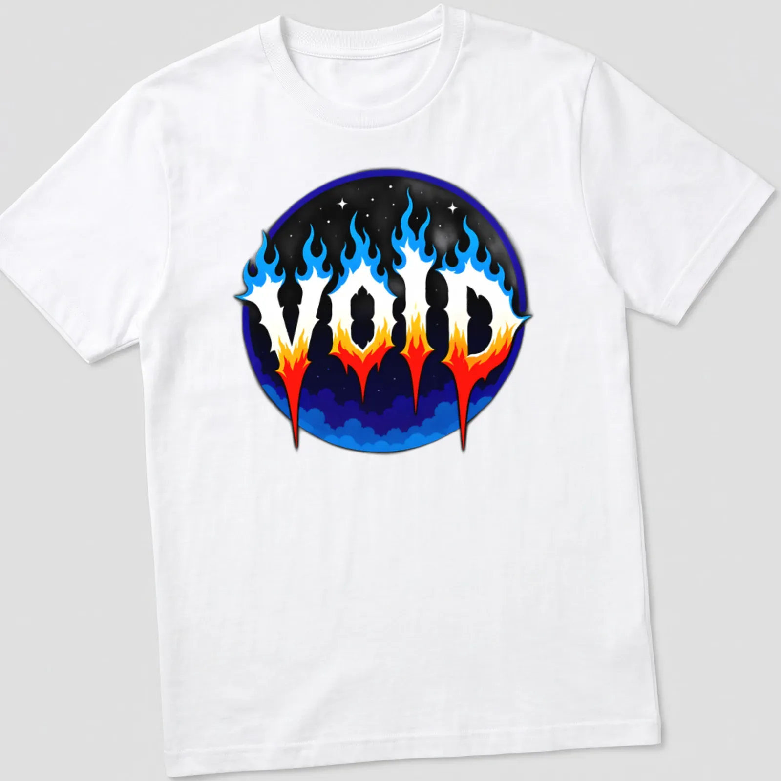 Gothic VOID text on a cosmic flame background in blue, orange, black, and white — printed on a unisex t-shirt