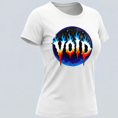 Gothic VOID text on a cosmic flame background in blue, orange, black, and white — printed on a women's shirt