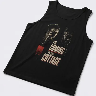 Distressed retro shirt with humorous text about coming to the cottage and a lounging figure. — printed on a tank top