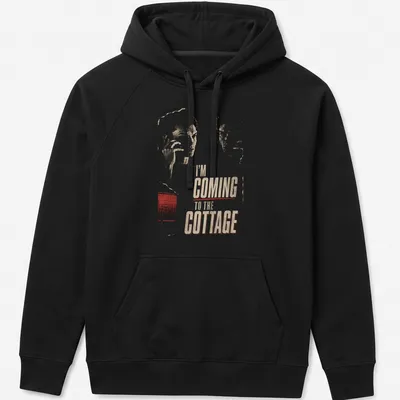 Distressed retro shirt with humorous text about coming to the cottage and a lounging figure. — printed on a unisex hoodie