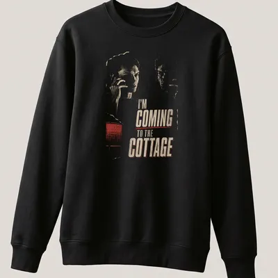 Distressed retro shirt with humorous text about coming to the cottage and a lounging figure. — printed on a unisex sweatshirt