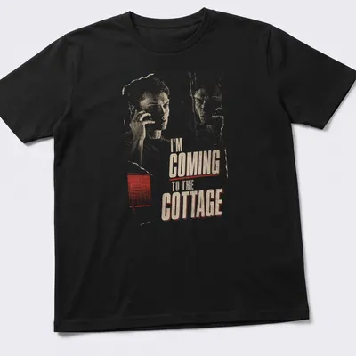 Distressed retro shirt with humorous text about coming to the cottage and a lounging figure. — printed on a unisex t-shirt