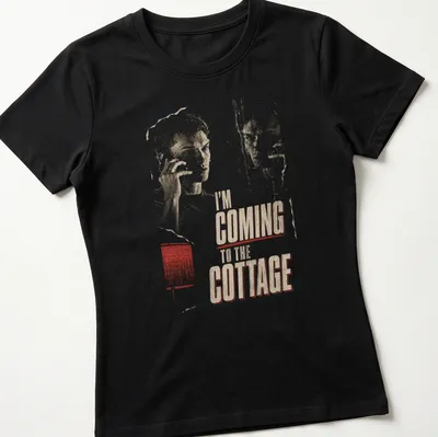 Distressed retro shirt with humorous text about coming to the cottage and a lounging figure. — printed on a women's shirt