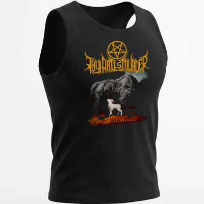 Abstract illustration of a cow and dog with the text Thy Art Is Murder Dear Desolation — printed on a tank top