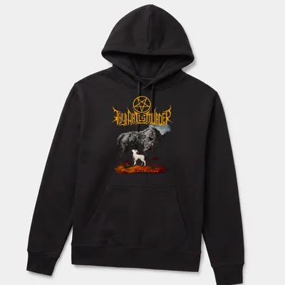 Abstract illustration of a cow and dog with the text Thy Art Is Murder Dear Desolation — printed on a unisex hoodie