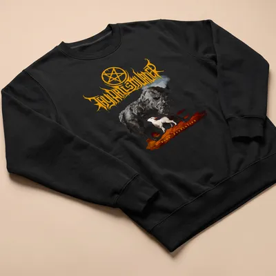 Abstract illustration of a cow and dog with the text Thy Art Is Murder Dear Desolation — printed on a unisex sweatshirt
