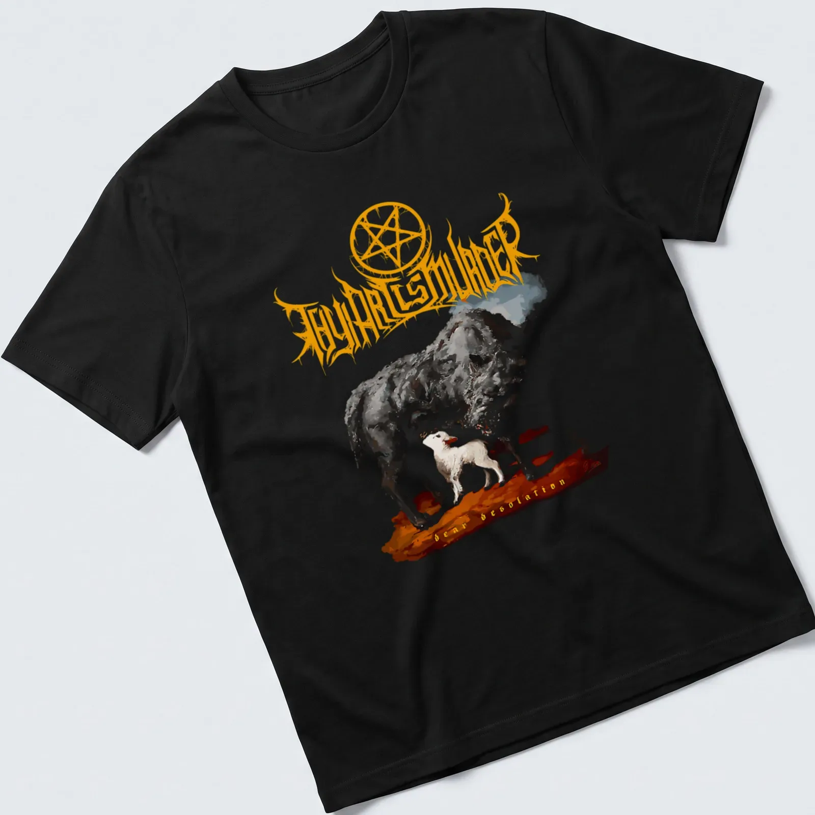 Abstract illustration of a cow and dog with the text Thy Art Is Murder Dear Desolation — printed on a unisex t-shirt