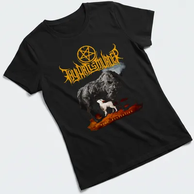 Abstract illustration of a cow and dog with the text Thy Art Is Murder Dear Desolation — printed on a women's shirt