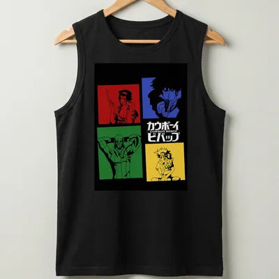 Colorful Cowboy Bebop characters in retro blocks with Japanese text. — printed on a tank top