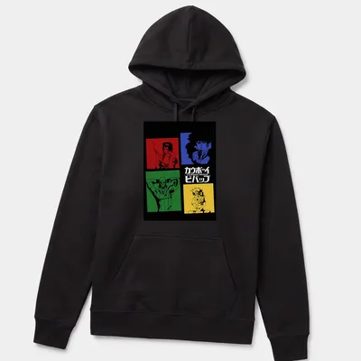 Colorful Cowboy Bebop characters in retro blocks with Japanese text. — printed on a unisex hoodie
