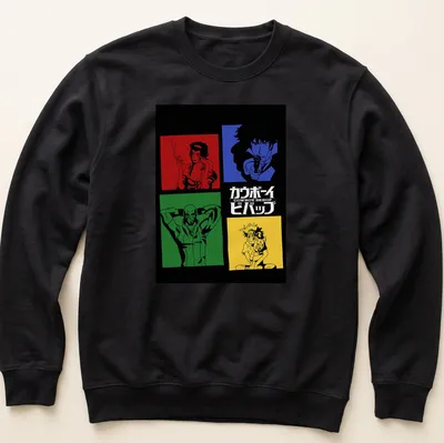 Colorful Cowboy Bebop characters in retro blocks with Japanese text. — printed on a unisex sweatshirt