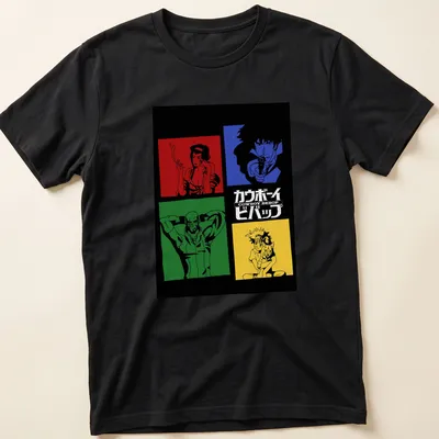 Colorful Cowboy Bebop characters in retro blocks with Japanese text.